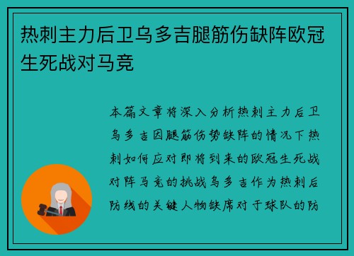 热刺主力后卫乌多吉腿筋伤缺阵欧冠生死战对马竞